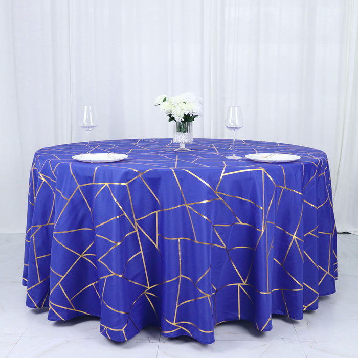 120inch Royal Blue Round Polyester Tablecloth With Gold Foil Geometric Pattern