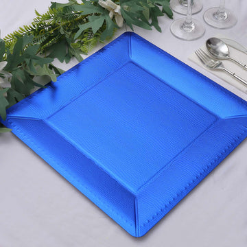 10 Pack 13" Royal Blue Textured Disposable Square Charger Plates, Leather Like Cardboard Serving Trays - 1100 GSM