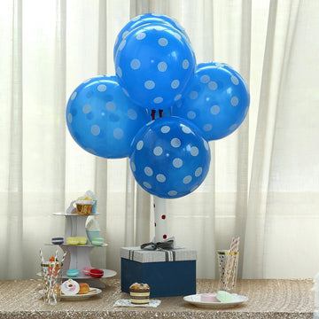 25 Pack 12" Royal Blue and White Fun Polka Dot Latex Party Balloons