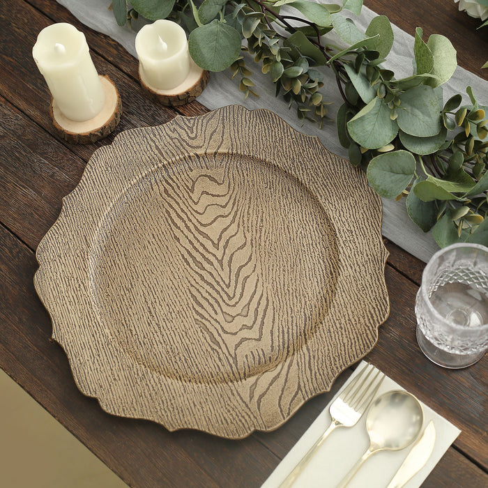 6 Pack | 13inch Rustic Natural Embossed Wood Grain Acrylic Charger Plates with Scalloped Rim