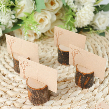 4 Pack Rustic Natural Wood Stump Placecard Holder, Boho Chic Decor