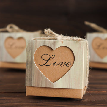 25 Pack | 2.5" Rustic Wood Pattern Natural Brown Paper Candy Gift Boxes, Square Party Favor Boxes with Burlap Jute Twine and Love Heart Cut Out