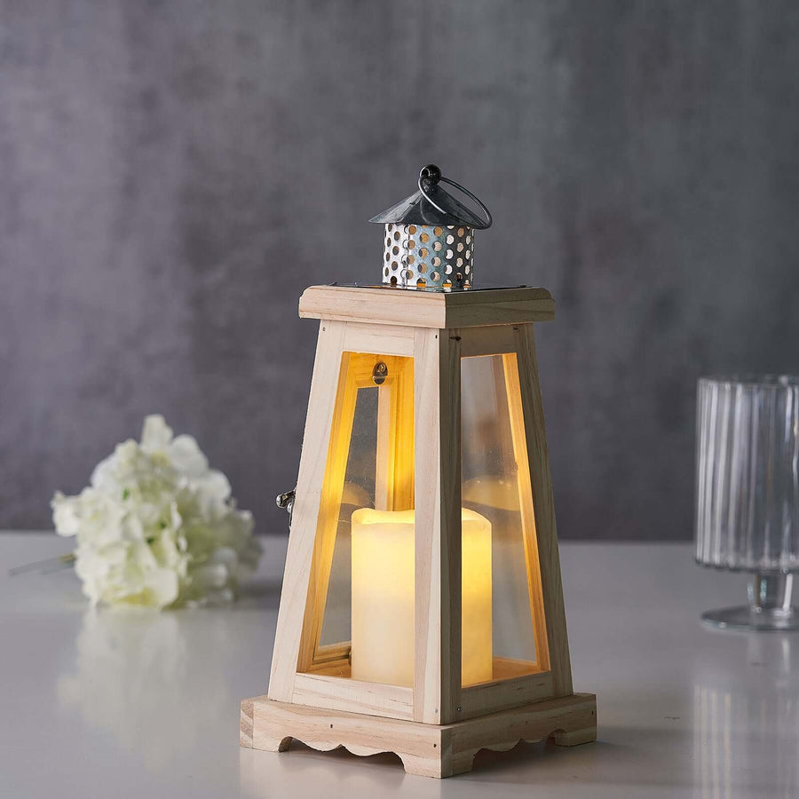 14inch Rustic Wood & Glass Patio Candle Lantern Centerpiece, Outdoor - Metal Top European Style