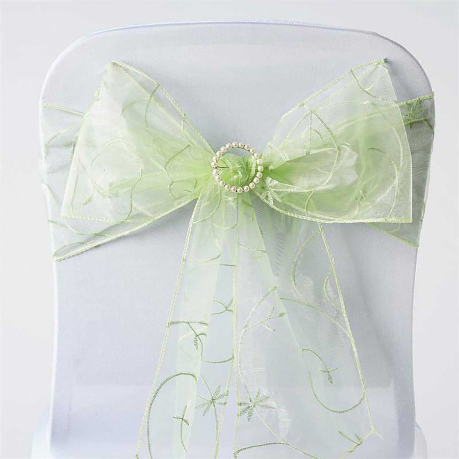 5 PCS | 7 Inch x108 Inch | Apple Green Embroidered Organza Chair Sashes | TableclothsFactory#whtbkgd