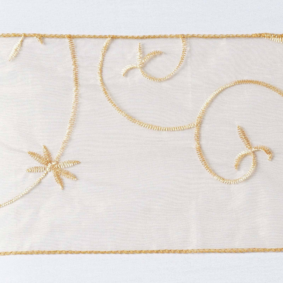 5 PCS | 7 Inch x108 Inch | Gold Embroidered Organza Chair Sashes | TableclothsFactory