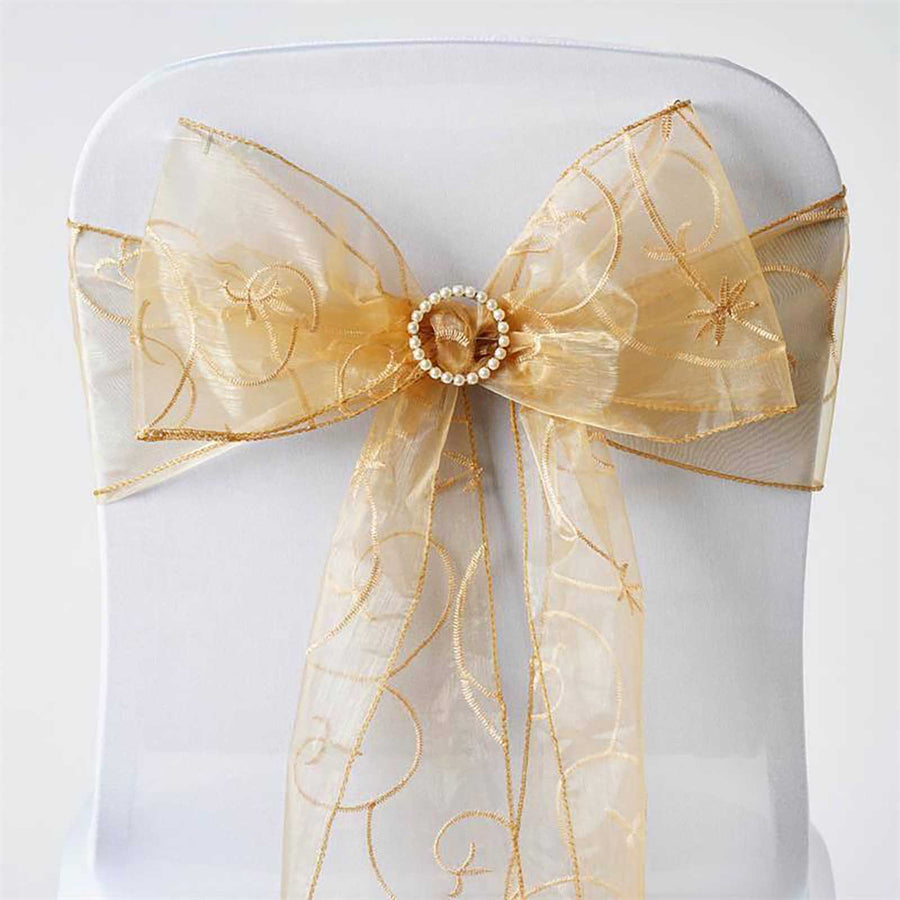 5 PCS | 7 Inch x108 Inch | Gold Embroidered Organza Chair Sashes | TableclothsFactory#whtbkgd