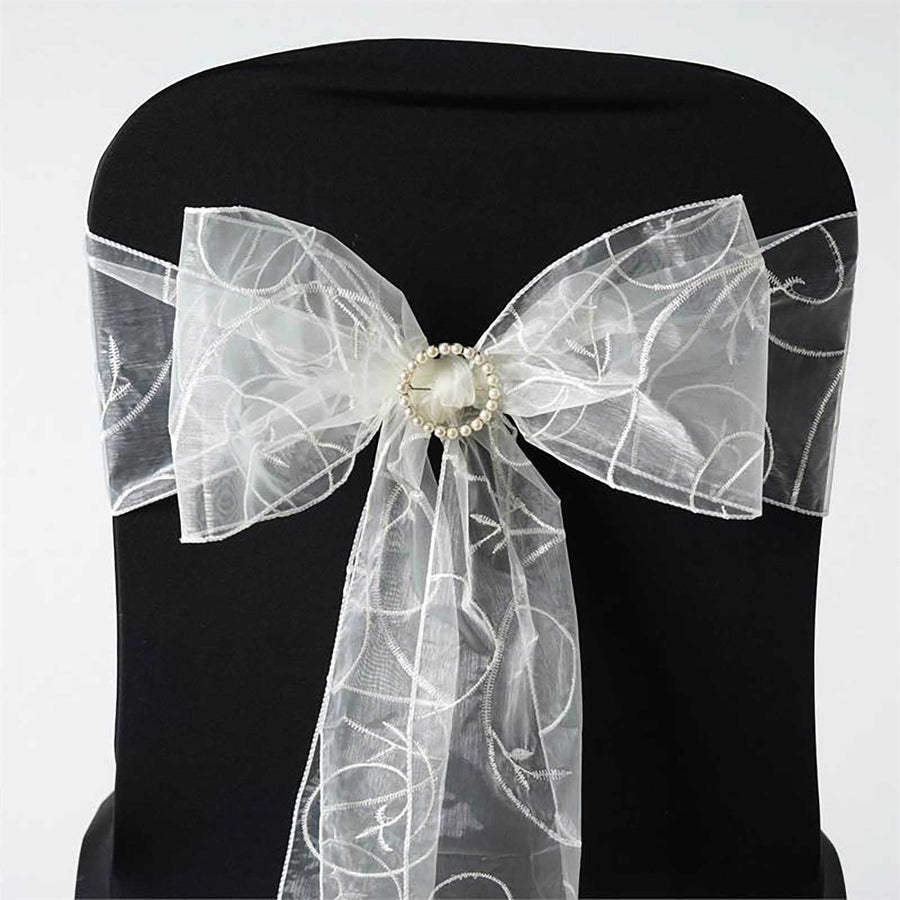 5 PCS | 7 Inch x108 Inch | Ivory Embroidered Organza Chair Sashes | TableclothsFactory#whtbkgd