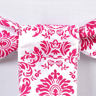 Create a Stylish and Luxurious Setting with Fuchsia / White Taffeta Damask Flocking Chair Tie Bow Sashes