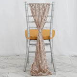 Rose gold sequin chair sash draped elegantly on a silver chiavari chair.