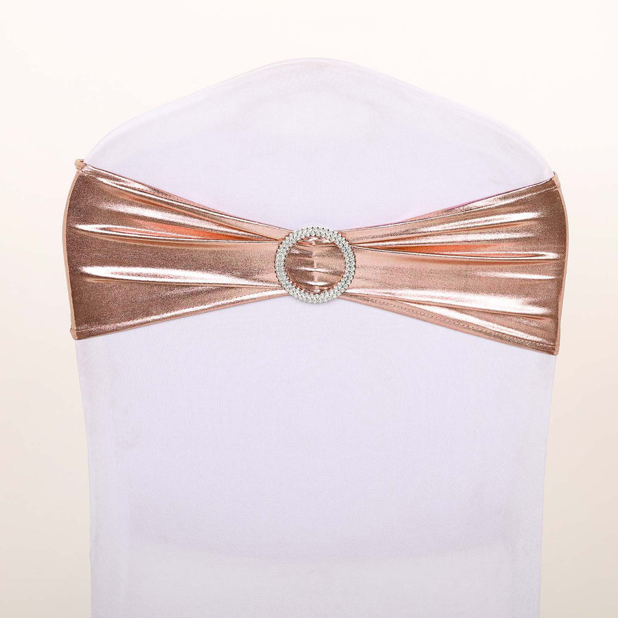 5 pack Metallic Spandex Chair Sashes With Attached Round Diamond Buckles - Rose Gold | Blush #whtbkgd
