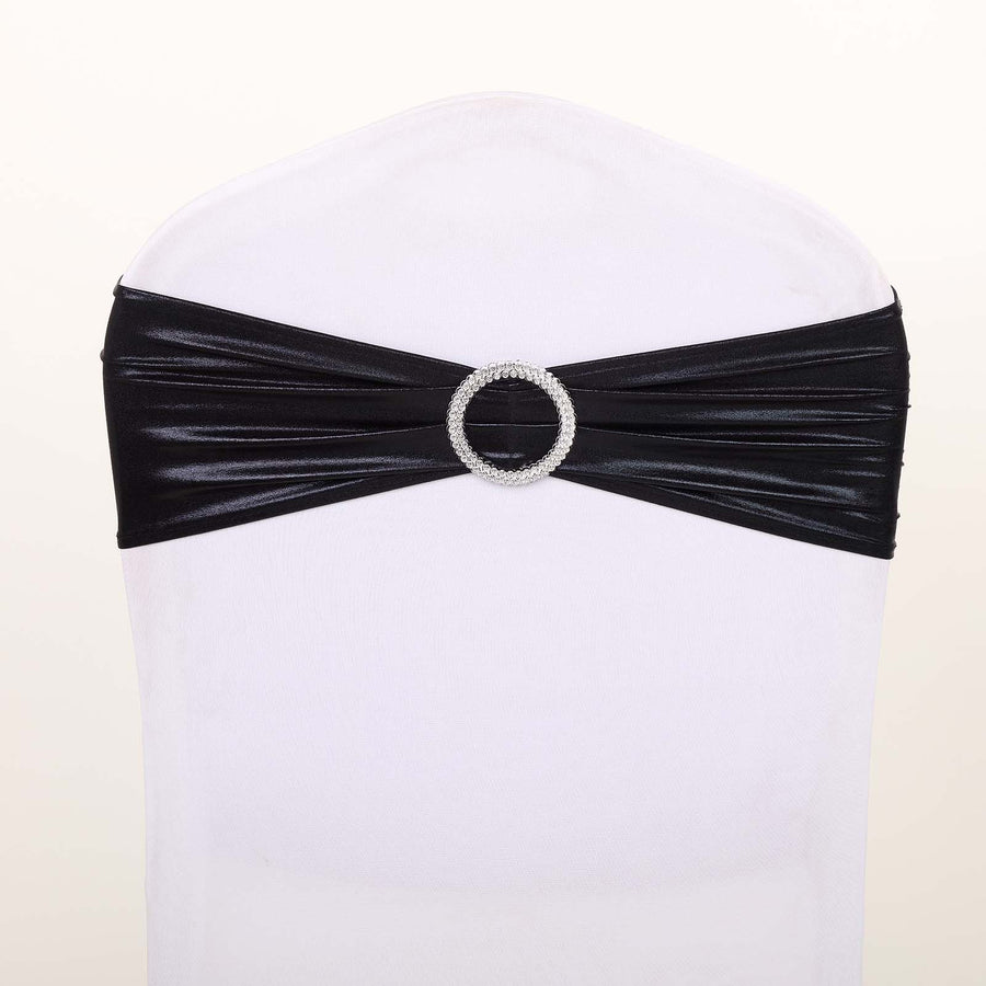 5 pack Metallic Black Spandex Chair Sashes With Attached Round Diamond Buckles #whtbkgd