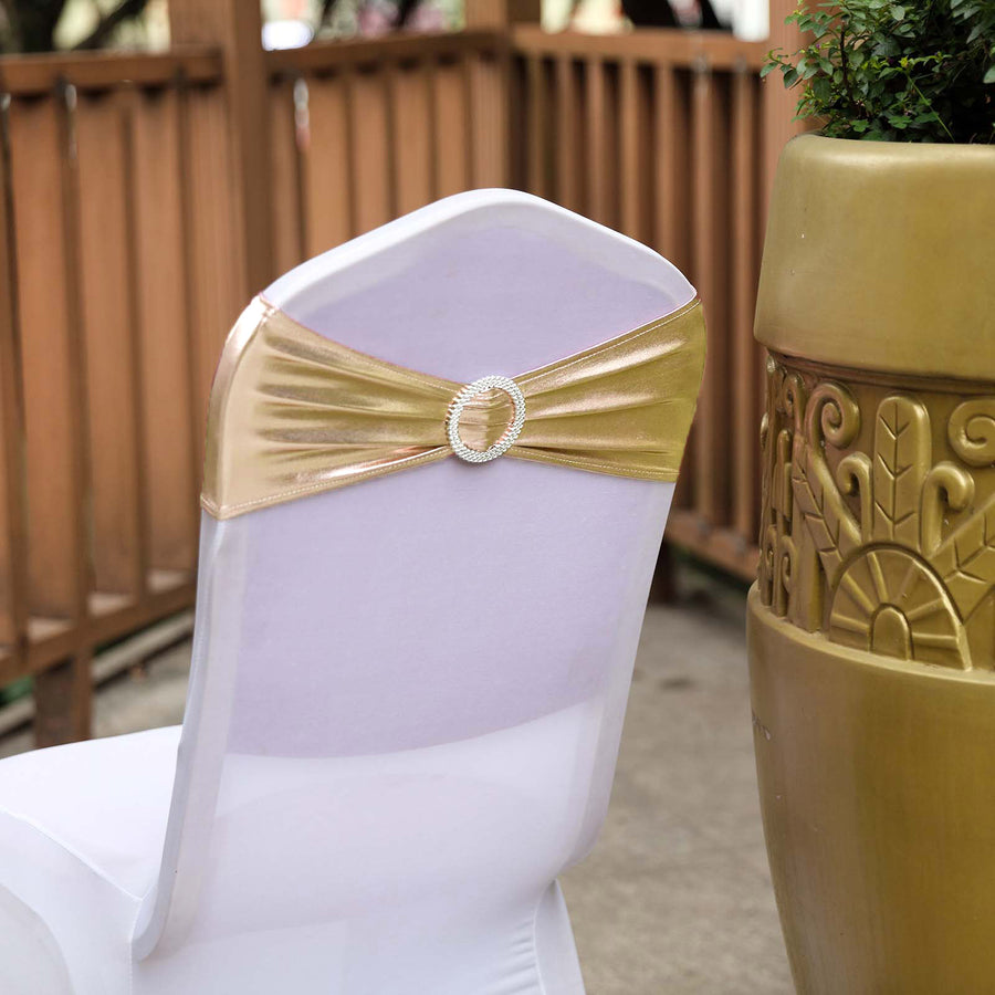 5 pack Metallic Champagne Spandex Chair Sashes With Attached Round Diamond Buckles