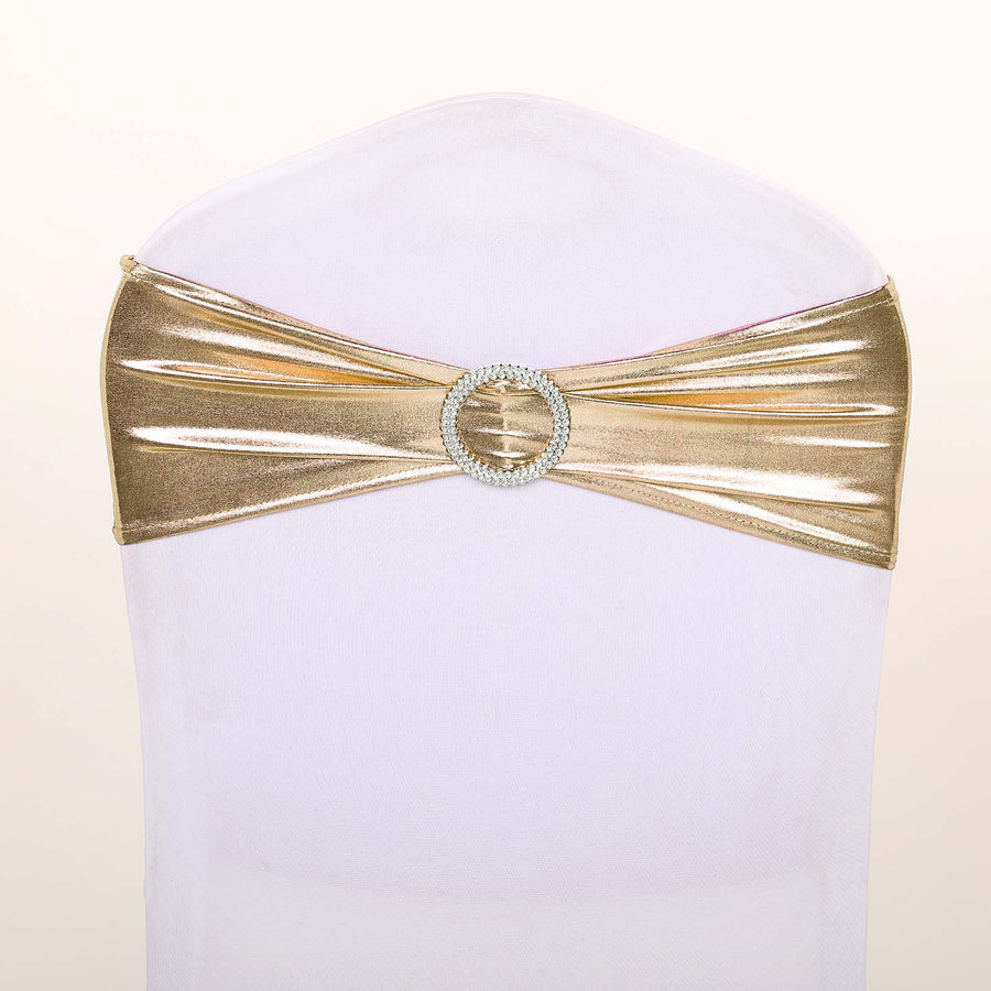 5 pack Metallic Champagne Spandex Chair Sashes With Attached Round Diamond Buckles #whtbkgd