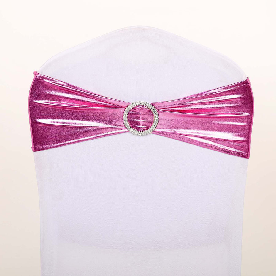 5 pack Metallic Fuchsia Spandex Chair Sashes With Attached Round Diamond Buckles#whtbkgd