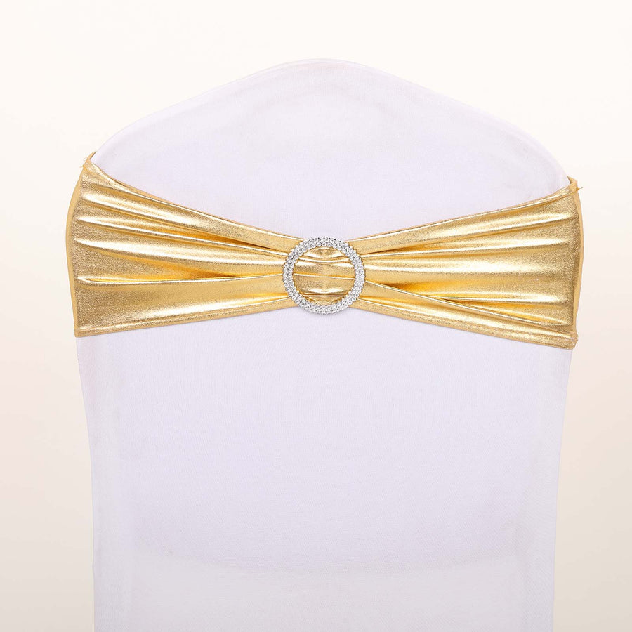 5 pack Metallic Gold Spandex Chair Sashes With Attached Round Diamond Buckles #whtbkgd