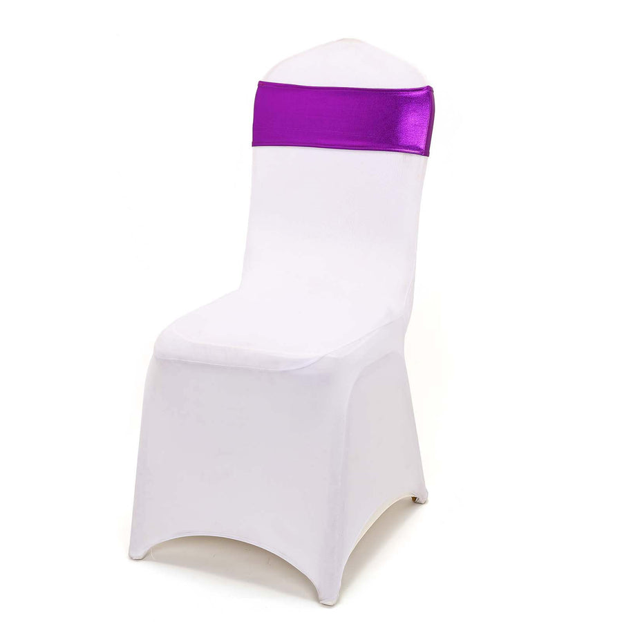 5 pack Metallic Purple Spandex Chair Sashes With Attached Round Diamond Buckles