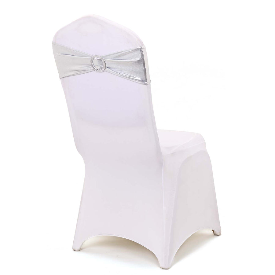 5 pack Metallic Silver Spandex Chair Sashes With Attached Round Diamond Buckles