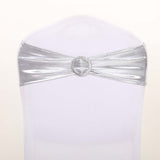 5 pack Metallic Silver Spandex Chair Sashes With Attached Round Diamond Buckles #whtbkgd
