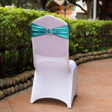 5 pack Metallic Peacock Teal Spandex Chair Sashes With Attached Round Diamond Buckles