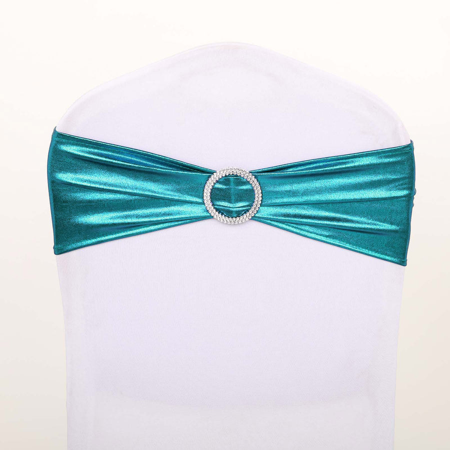 5 pack Metallic Peacock Teal Spandex Chair Sashes With Attached Round Diamond Buckles#whtbkgd