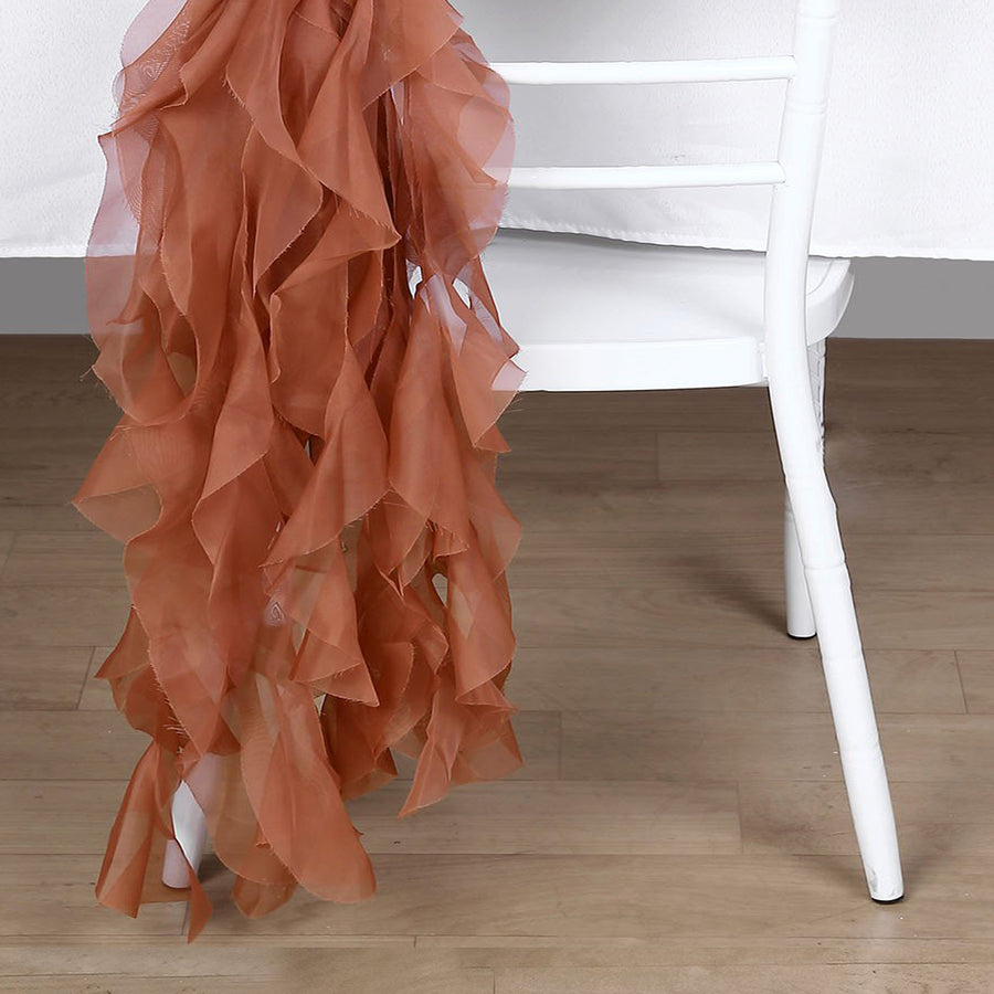 1 Set Terracotta (Rust) Chiffon Hoods With Ruffles Willow Chair Sashes#whtbkgd