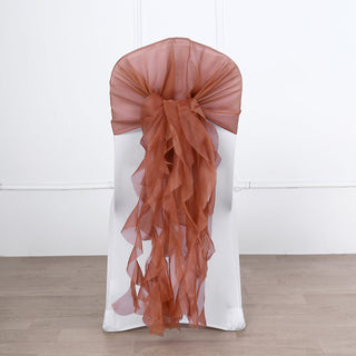 Elevate Your Event Decor with Terracotta (Rust) Chiffon Hoods and Ruffled Willow Chair Sashes