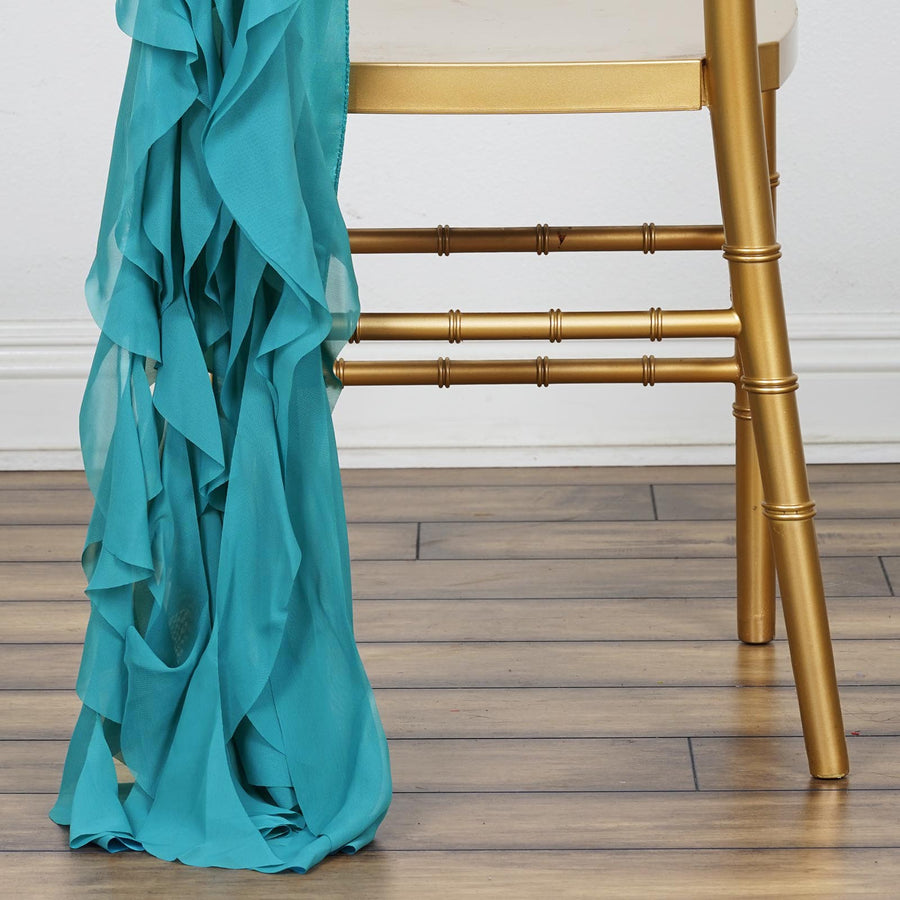 1 Set Turquoise Chiffon Hoods With Ruffles Willow Chiffon Chair Sashes#whtbkgd