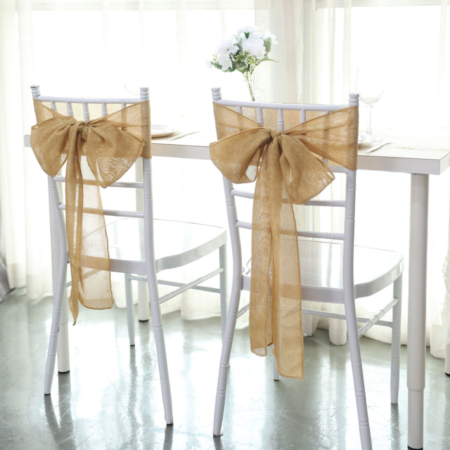 5 Pack | Gold Jute Faux Burlap Chair Sashes, Boho Chic Linen Decor - 6x108inch