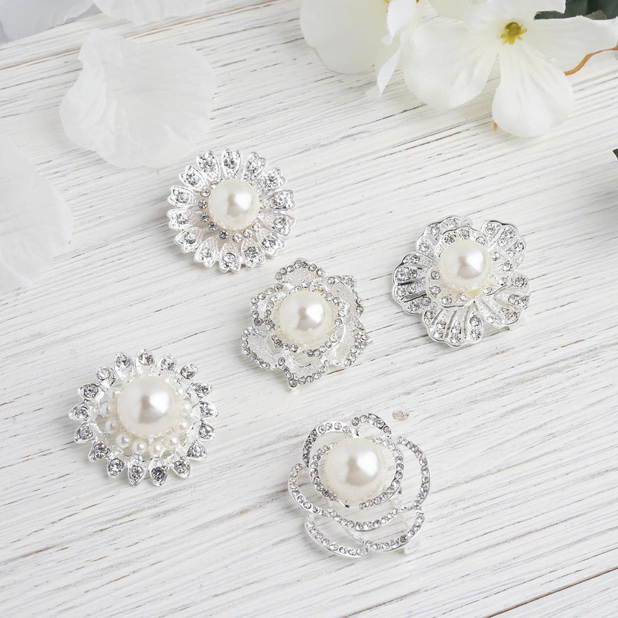 5 Pcs | Assorted Silver Plated Rhinestone Brooches with Pearl Center | Floral Sash Pin Brooch Bouquet Decor