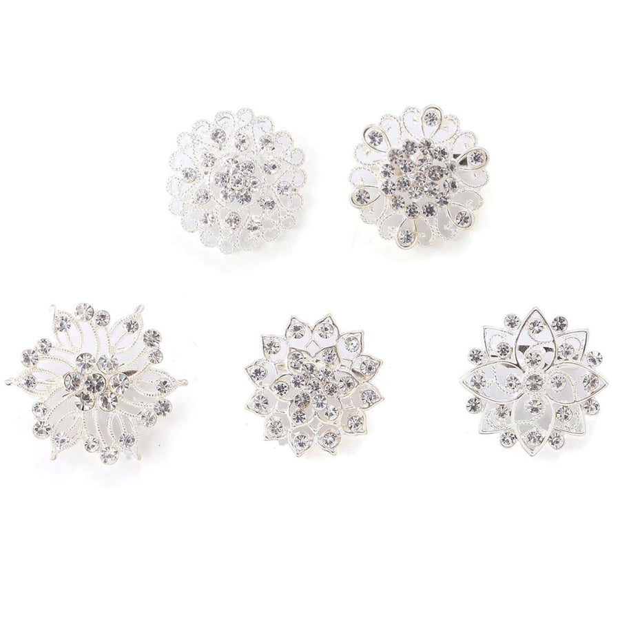 5 Pcs - Assorted Silver Plated Mandala Crystal Rhinestone Brooches - Floral Sash Pin Brooch Bouquet Decor