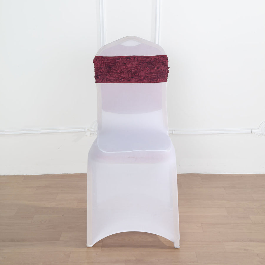 5 pack | 6"x14" Burgundy Satin Rosette Spandex Stretch Chair Sash | TableclothsFactory