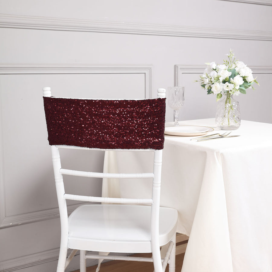 5 Pack | Burgundy 6inch x 15inch Sequin Spandex Chair Sashes, Stretch Fitted Chair Sashes