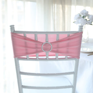 Pink Spandex Stretch Chair Sashes with Silver Diamond Ring Slide Buckle