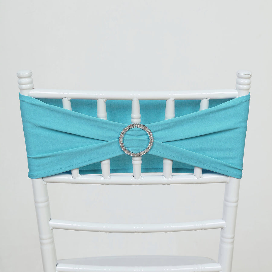 5 pack | 5"x14" Turquoise Spandex Stretch Chair Sash with Silver Diamond Ring Slide Buckle