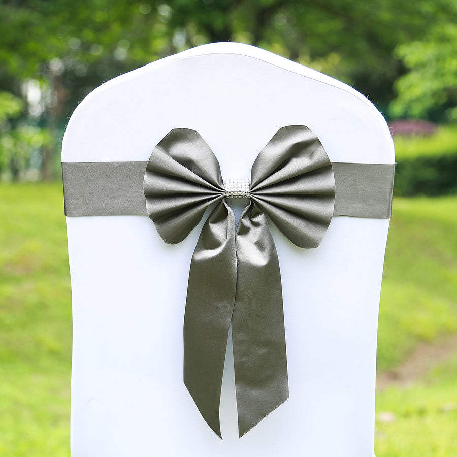 5 Pack | Charcoal Gray | Reversible Chair Sashes with Buckle | Double Sided Pre-tied Bow Tie Chair Bands | Satin & Faux Leather