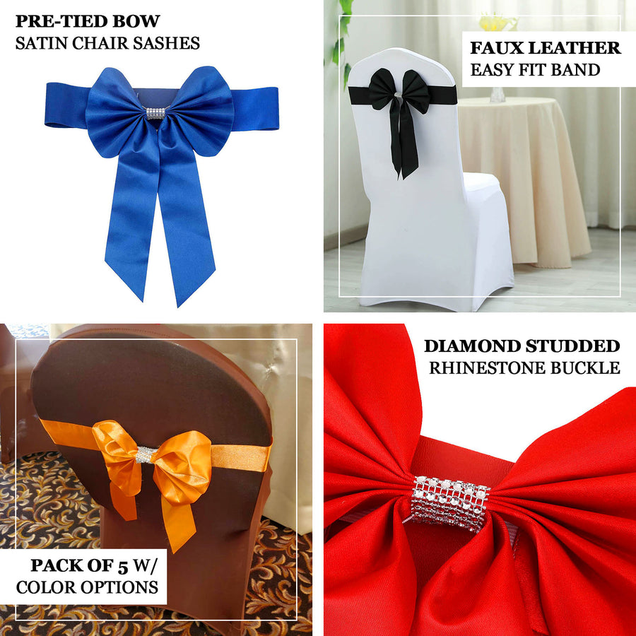 5 Pack | Purple | Reversible Chair Sashes with Buckle | Double Sided Pre-tied Bow Tie Chair Bands | Satin & Faux Leather