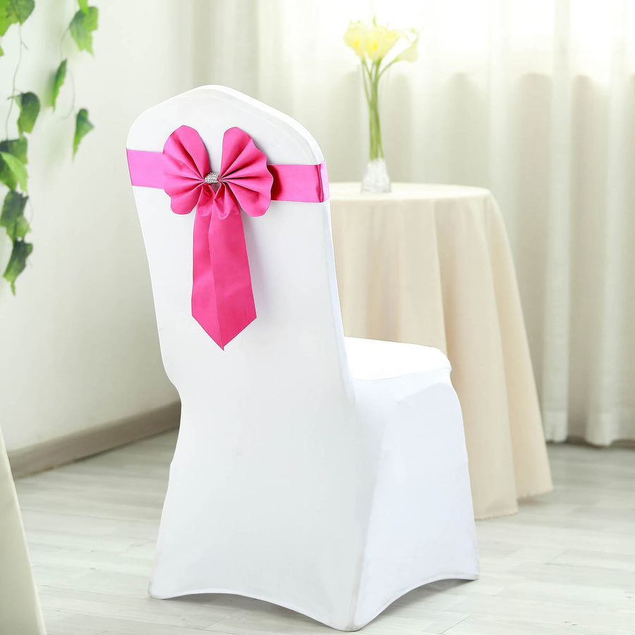 5 Pack | Fuchsia | Reversible Chair Sashes with Buckle | Double Sided Pre-tied Bow Tie Chair Bands | Satin & Faux Leather