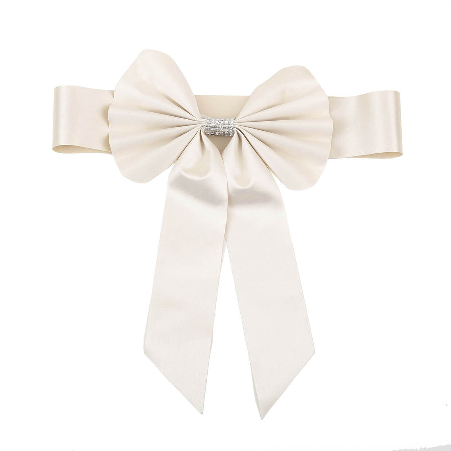 5 Pack | Ivory | Reversible Chair Sashes with Buckle | Double Sided Pre-tied Bow Tie Chair Bands | Satin & Faux Leather