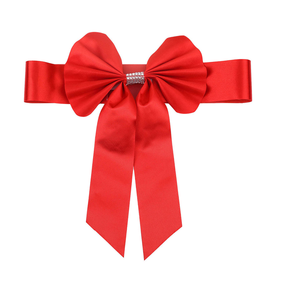 5 Pack | Red | Reversible Chair Sashes with Buckle | Double Sided Pre-tied Bow Tie Chair Bands | Satin & Faux Leather