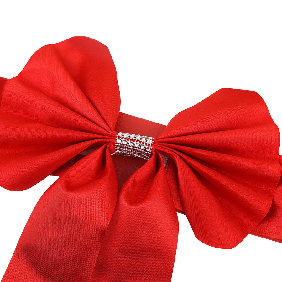 5 Pack | Red | Reversible Chair Sashes with Buckle | Double Sided Pre-tied Bow Tie Chair Bands | Satin & Faux Leather#whtbkgd
