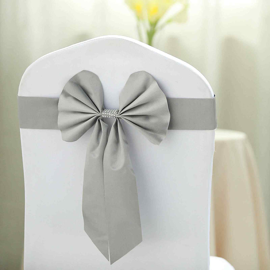 5 Pack | Silver | Reversible Chair Sashes with Buckle | Double Sided Pre-tied Bow Tie Chair Bands | Satin & Faux Leather