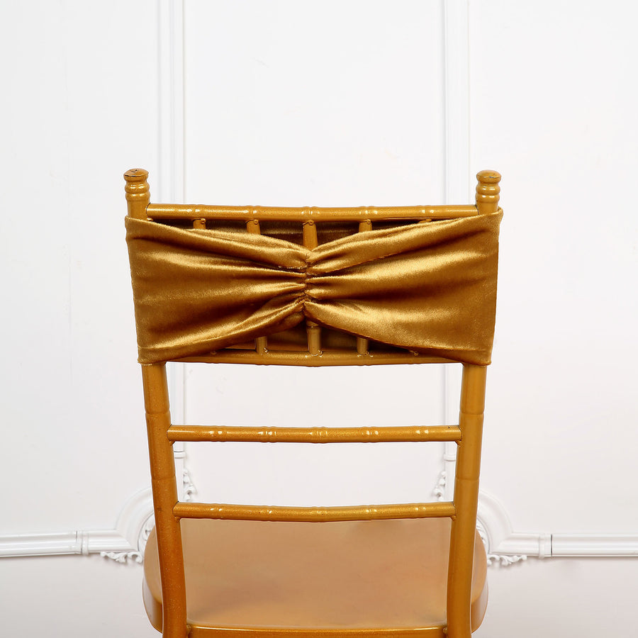 5 Pack Gold Velvet Ruffle Stretch Chair Sashes, Decorative Velvet Chair Bands