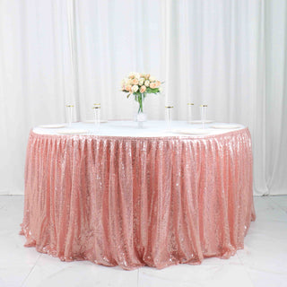 Add a Touch of Glamour with our 17ft Glitzy Rose Gold Sequin Pleated Satin Table Skirt