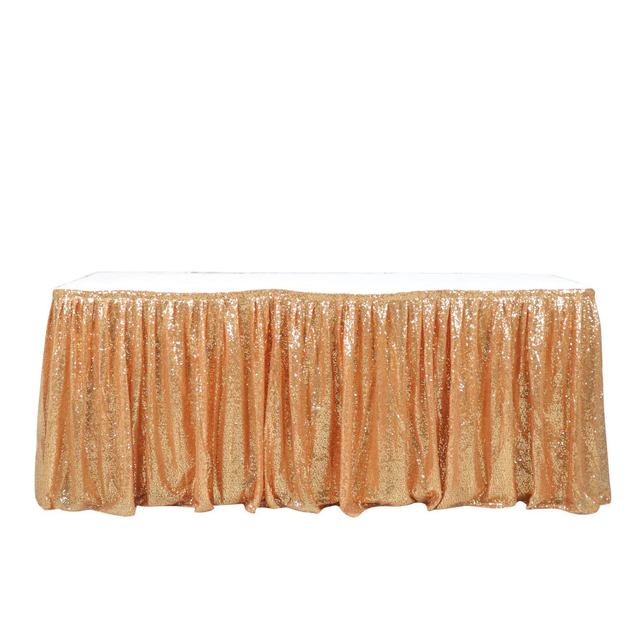 17ft Glitzy Gold Sequin Pleated Satin Table Skirt With Top Velcro Strip