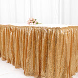 17ft Glitzy Gold Sequin Pleated Satin Table Skirt With Top Velcro Strip