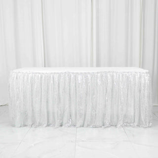Add Glamour to Your Event with the 17ft Glitzy Silver Sequin Pleated Satin Table Skirt