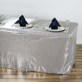Elegant Silver Glitzy Sequin Table Skirts for Stunning Event Decor