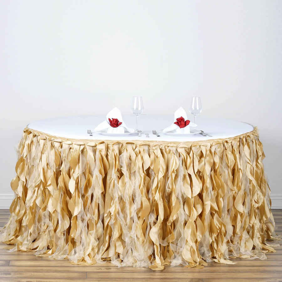 14ft Enchanting Curly Willow Taffeta Table Skirt - Champagne