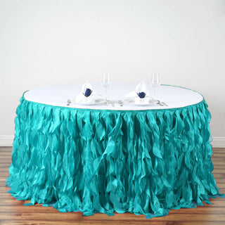 Create Unforgettable Memories with the 21ft Turquoise Curly Willow Taffeta Table Skirt
