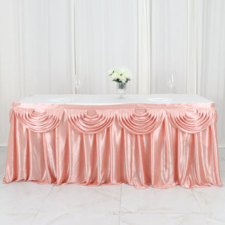 Enhance Your Event Decor with the 14ft Dusty Rose Pleated Satin Double Drape Table Skirt